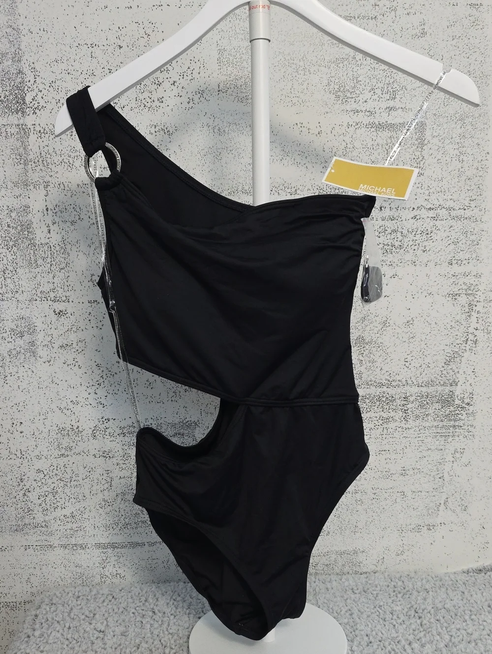 Michael Kors Black One-Shoulder Swimsuit with Silver Ring Strap
